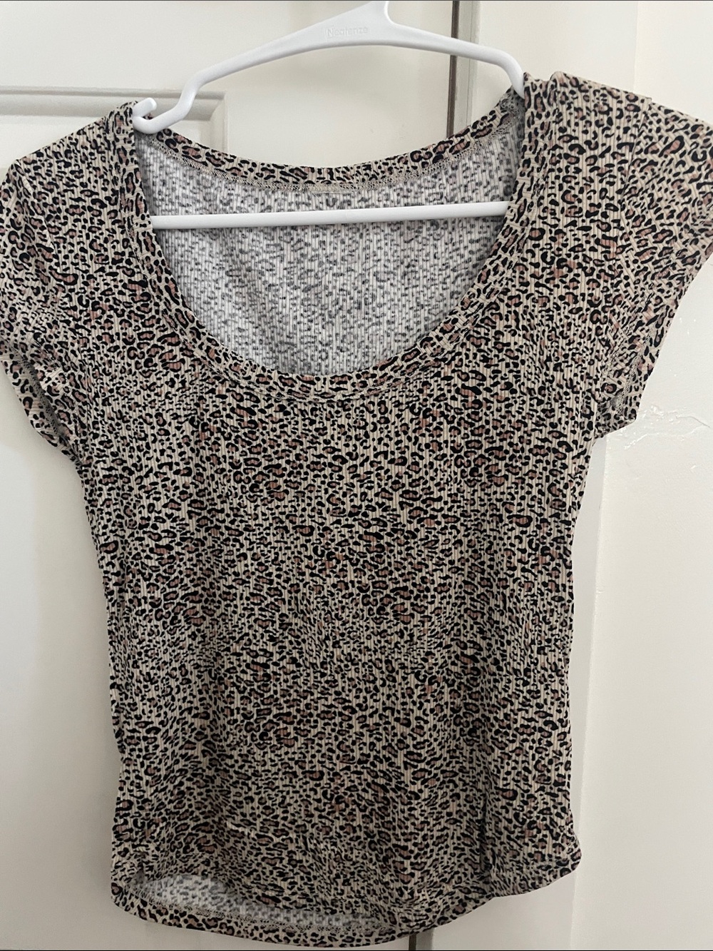 Leopard Print Scoop Neck Short Sleeve Top - Beige/Black